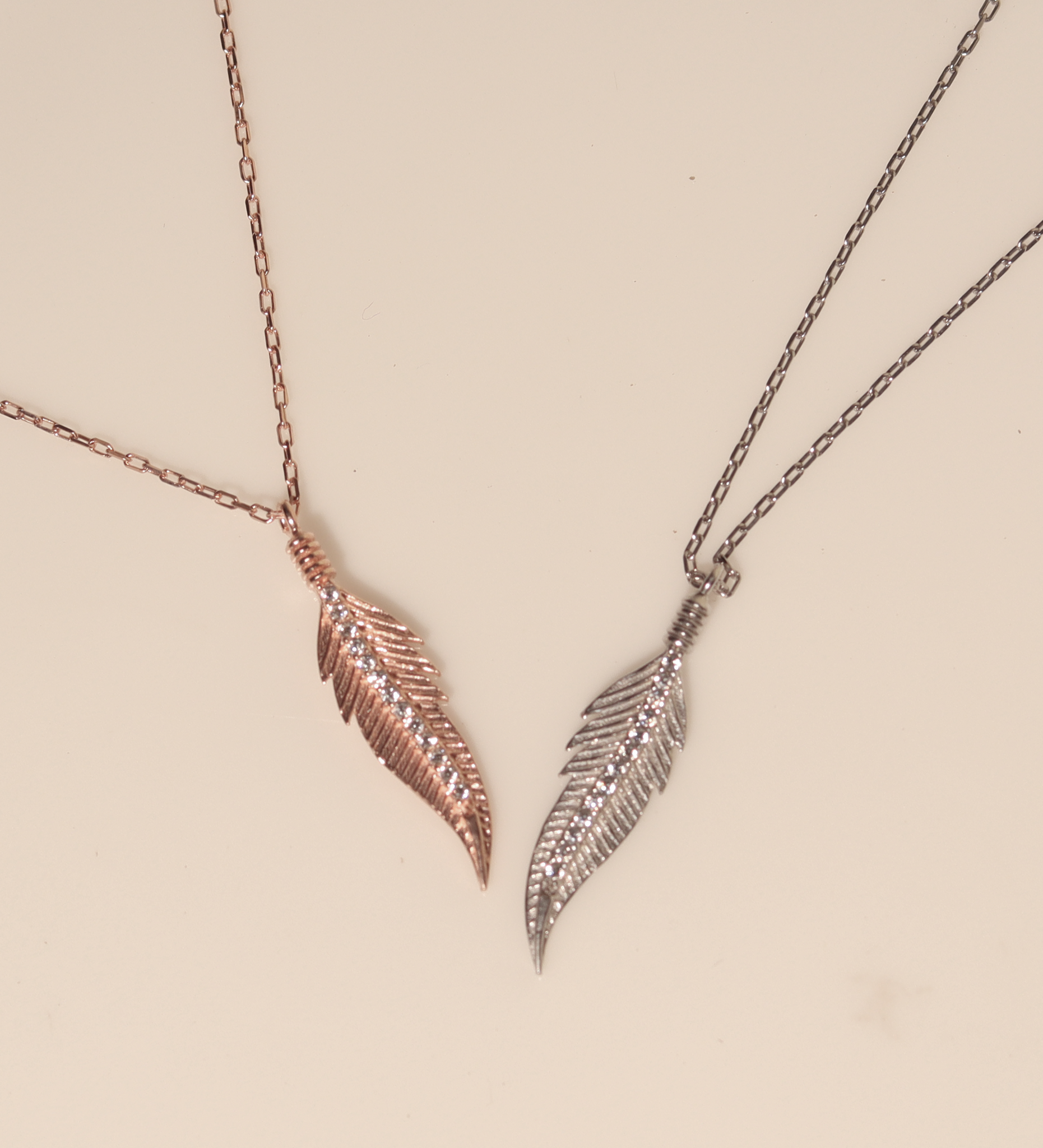 Rose Gold Feather Zirconia Leaf Necklace